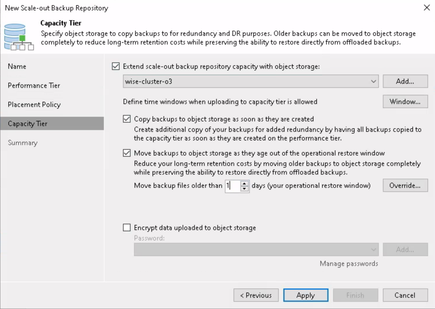 Veeam SOBR capacity tier için nesne depolama Wise Cluster O³